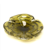 Vintage Olive Green Art Glass Folded Edge Dish Bowl Ashtray Thick Heavy ... - $39.57