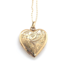 9k Yellow Gold Heart Shaped Locket with Engraved Flowers (#J6431) - £252.44 GBP