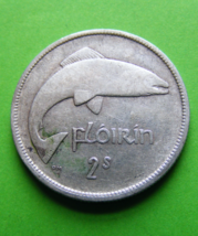 Scarce 1930 Irish Silver Two Shilling Coin - Ireland Leaping Salmon Harp... - $13.99