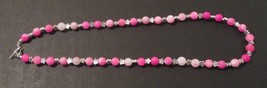 Beaded necklace, pink and silver, silver toggle clasp, 26.5 inches long - £18.17 GBP