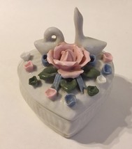 Heart Rose Flowers Swan Birds Trinket Jewelry Treasure Box Jar White Por... - £22.01 GBP
