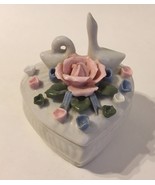 Heart Rose Flowers Swan Birds Trinket Jewelry Treasure Box Jar White Por... - $28.00