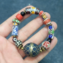 Vintage African Venetian Style Glass with Afghani Big Brass Beads Bracel... - $25.80