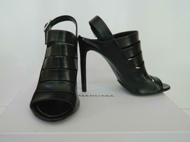 Balenciaga Sandal Horizontal Strappy High Heel Stiletto Black Leather NIB 37 1/2 - £148.96 GBP