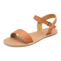 DREAM PAIRS Women&#39;s Ankle Strap Flat Sandals Open Toes Size 6.5 Tan HOBOO - $7.03