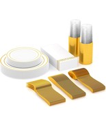 175 Piece Gold Dinnerware Set 25 Guest Gold Rim Plastic Plates 25 Gold P... - $58.65