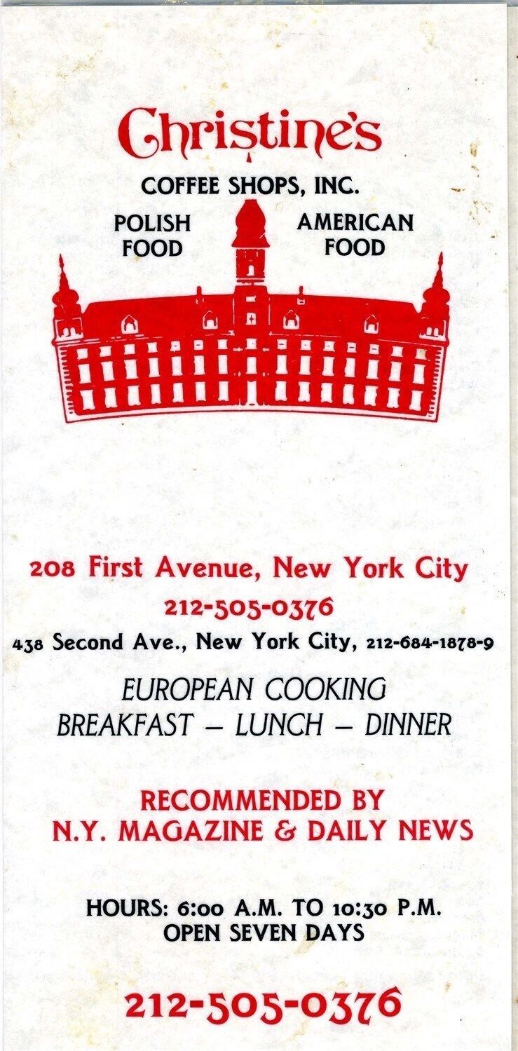 Christine's Coffee Shops Polish & American Food Menu 1st & 2nd Ave New
