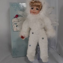 14&quot; Porcelain Snow Angel With Wings Doll D 11 Box Design ABC Holding a Red Bird - £18.62 GBP