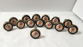  Floral on Beige Porcelain 14 Drawer Knobs Round 1.25&quot; Pulls 1960s Brass... - £30.69 GBP