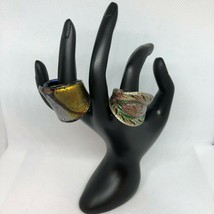Pair of Size 8.5 Fused Glass Rings pink green blue gold silver EUC - £23.60 GBP