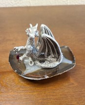 Vintage CCI Pewter 4649 Fantasy Winged Dragon W/ Gem Stone On Brown Agat... - $23.36