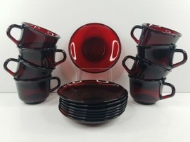 8 Arcoroc Classique Ruby Cup Saucer Set Red Glass Tea Coffee Cups Dishes... - $69.17