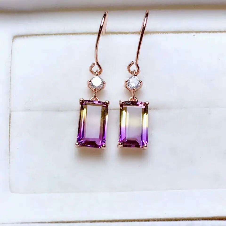 Natural Ametrine Gemstone Drop Earrings Real 925 Silver Fashion Earrings Fine Ch - £56.11 GBP