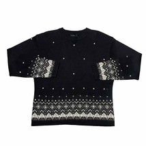 Vintage Meister Knit Crewneck Sweater Wool Blend Fair Isle Black Cream Large - £37.89 GBP