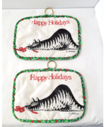 2 Happy Holidays B. Kliban Cat Quilted Pot Holders Green Trim Hanging 6&quot;... - $34.15