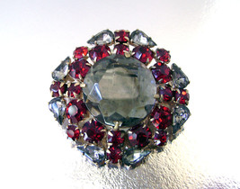 Vintage Garnet Red , Smoky Topaz  Rhinestone Brooch  Dimensional Round Pin - $18.00