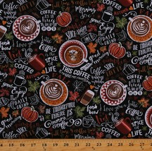 Cotton Coffee Pumpkin Spice Lattes Autumn Black Fabric Print by the Yard D513.59 - £10.23 GBP