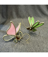 Vintage Butterfly Pink &amp; Dragon Fly Green Stained Glass Sun Catcher Decor - £6.88 GBP