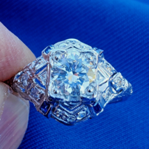Earth mined Diamond Sapphire Deco Engagement Ring Vintage Platinum Solit... - $7,820.01