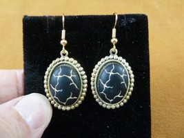 (EE-240) black + gold crackle oval Czech glass dangle wire hook earrings - $19.62