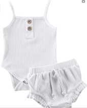 Infant Baby Girls 2 piece Summer Ribbed Tank Romper Ruffle Drawstring Ou... - £6.22 GBP