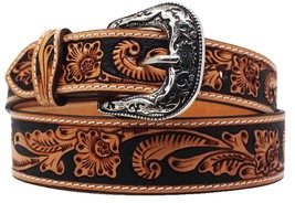 Western 1-3/4&quot; Tapered Wide Floral Tooled Black Inlay Full-Grain Leather... - $69.99