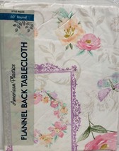 Flannel Back Vinyl Tablecloth 60&quot; Round, Flowers &amp; Butterflies, Happy Spring, Ap - £11.66 GBP
