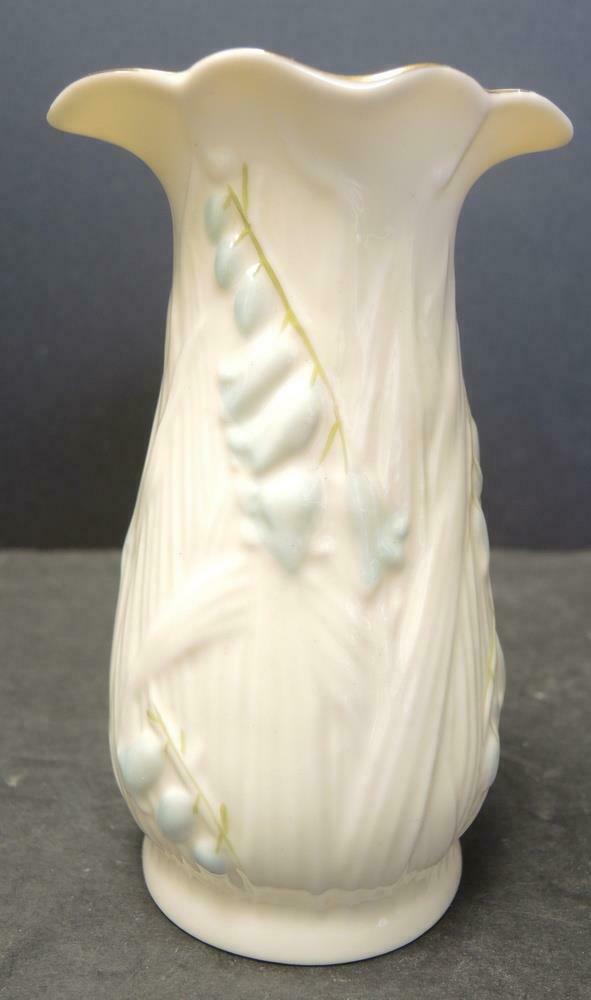 6" Tall Belleek Vase Blue Lilly of the Valley * Yellow Backstamp - $14.24