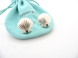 Tiffany & Co Silver 18K Gold Shell Blue Sapphire Pierced Earrings Gift Love Art  - $1,598.00