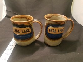 Studio Art Pottery Coffee Mugs Set Of 2 Tan, Blues, Browns Signed Teal Lake - £15.86 GBP