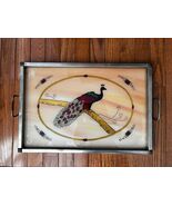 Art Deco Reverse Painted on Glass Peacock Metal Tray with Handles Or Wal... - $40.00
