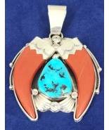 Vintage Richard Begay Navajo Sterling Silver Coral Turquoise Pendant Native - £195.80 GBP