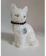 Fenton Glass Cat Figurine Pearl White Opalescent Emerald Rhinestone Coll... - $46.98