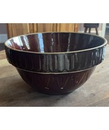 FARMHOUSE STONEWARE BROWN CROCK 10&quot; POTTERY PICKET FENCE BOWL USA - $32.38