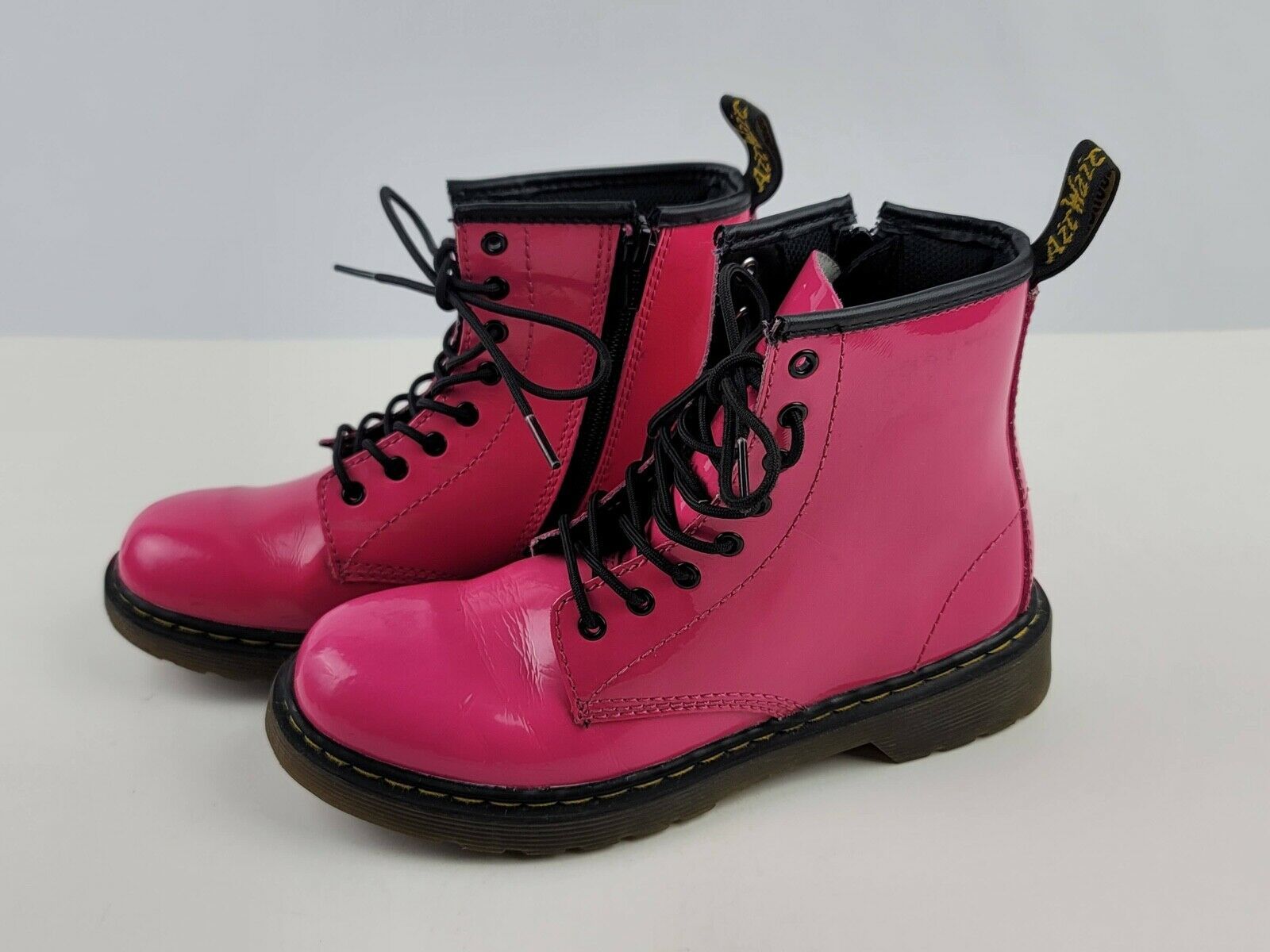 Primary image for Dr. Martens Girls Size 3 Delaney Combat Ankle Boots Glossy Pink w/Side Zipper VG