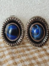Vintage Liz Claiborne Signed LC Blue Glass Marbled Cabochons  Silver Earrings - £7.90 GBP