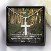 Scripture Card Baptism Psalm 25:4-5 Cross Necklace Faith Stainless Steel Pendan - £37.52 GBP+
