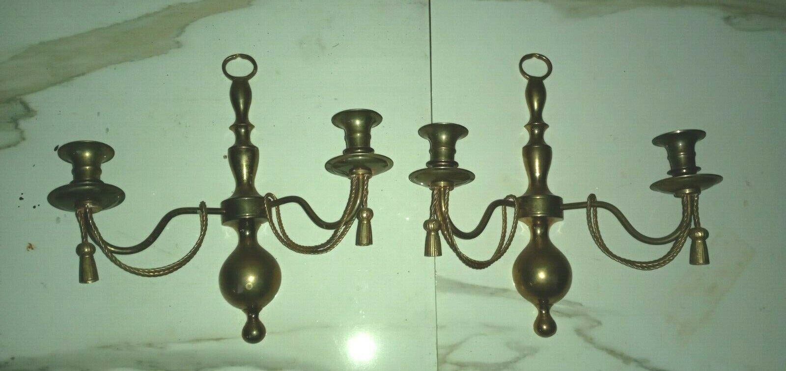 Primary image for Vintage Set of 2 Brass Wall Sconces, Two Arms Candle holders 14' Tall