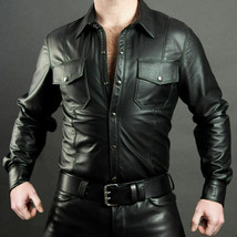 Men&#39;s Boys Schwarz Cuir Lederhemd Shirt Genuine Soft Lambskin Leather BL... - $101.84