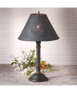 TABLE LAMP &amp; PUNCHED TIN SHADE - Distressed Black with Red Stripe Crackl... - $3,758.50 MXN