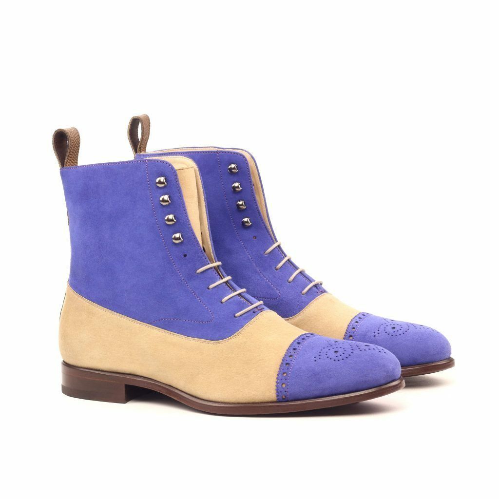 Two Tone Purple Beige Cont Brogue Cap Toe High Ankle Suede Leather Boots US 7-16