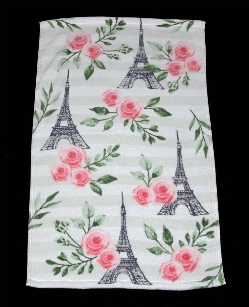 Eiffel Towers Pink Roses Subtle Pale Grey Wide Stripes Velour Hand Towel... - $14.99