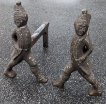 Vintage Cast Iron Hessian Soldier Fireplace Andirons Figural Set Heavy 17&quot; H - £142.63 GBP
