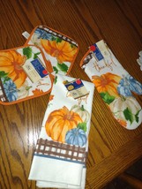  Thanksgiving Fall Kitchen Set 1  Towel 1 Oven Mitt 2 Potholders New (4pc) - $12.34