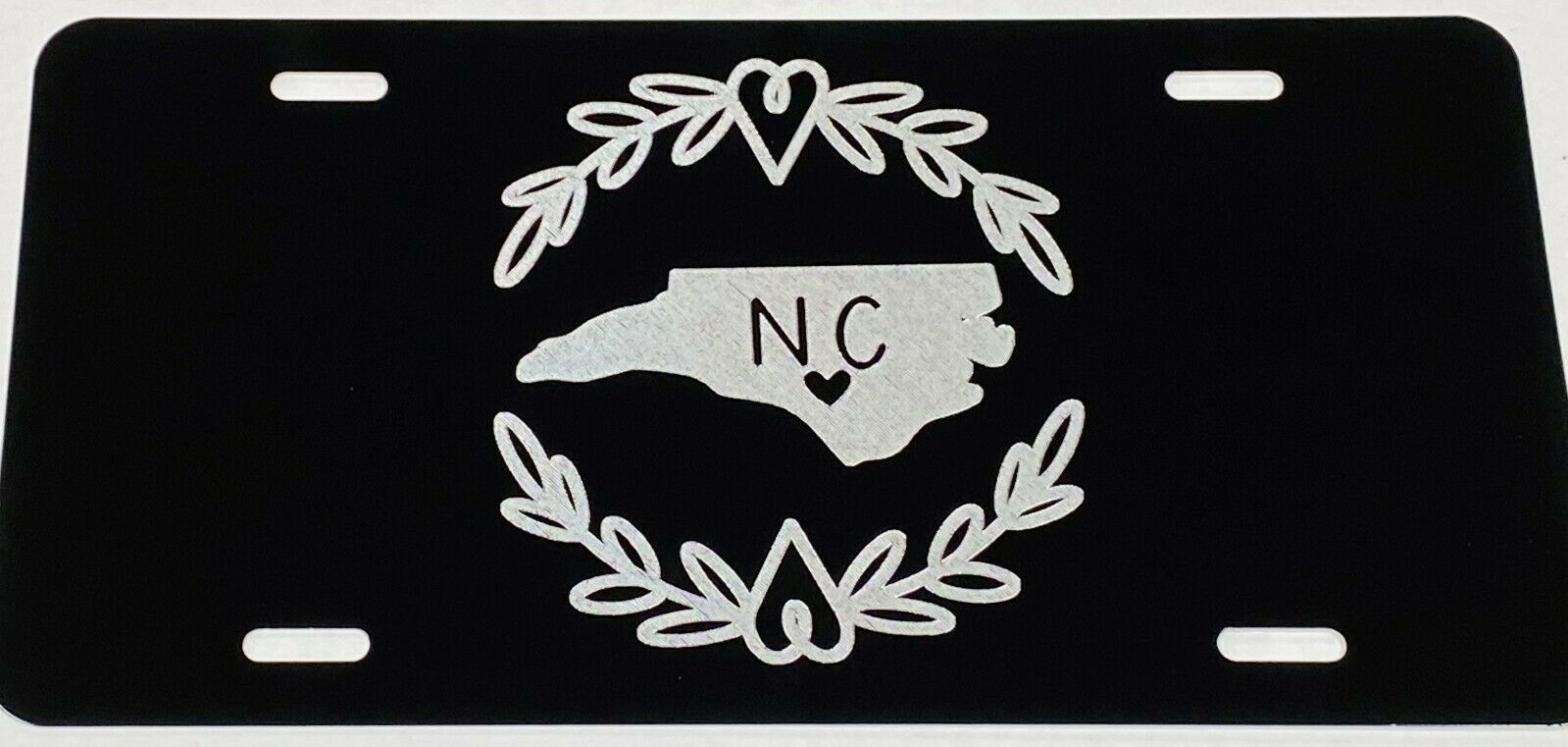 NC North Carolina Heart Vine Silver Etched Engraved Black License Plate Car Tag
