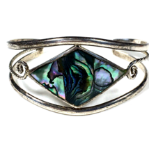 Vintage Alpaca Mexico Silver Tone Mother of Pearl Abalone Inlay Cuff Bracelet - £17.54 GBP