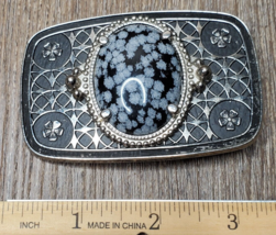 Snowflake Obsidian Cabochon Stone centerpiece Black &amp; Silver color belt buckle - £13.41 GBP