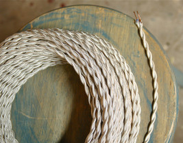 White ivory twisted cloth covered wire, vintage power cord, antique - £1.09 GBP