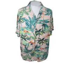 Old Navy Men Hawaiian retro pink flamingo camp shirt XL 24.5&quot; p2p rayon tropical - £15.81 GBP