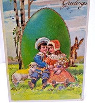 Easter Postcard Fantasy Standing Rabbit Lamb Victorian Children Gel Germany 1150 - £28.45 GBP